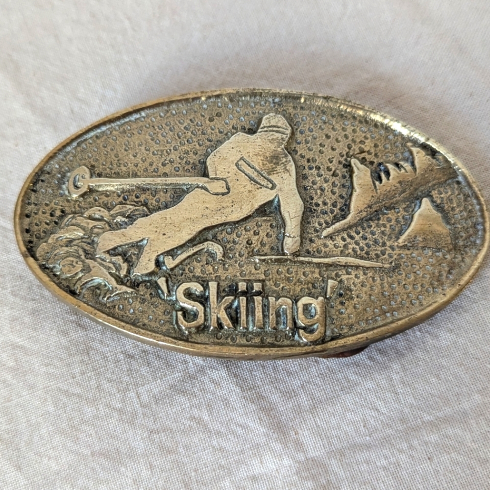 Vintage Solid Brass Skiing Belt Buckle